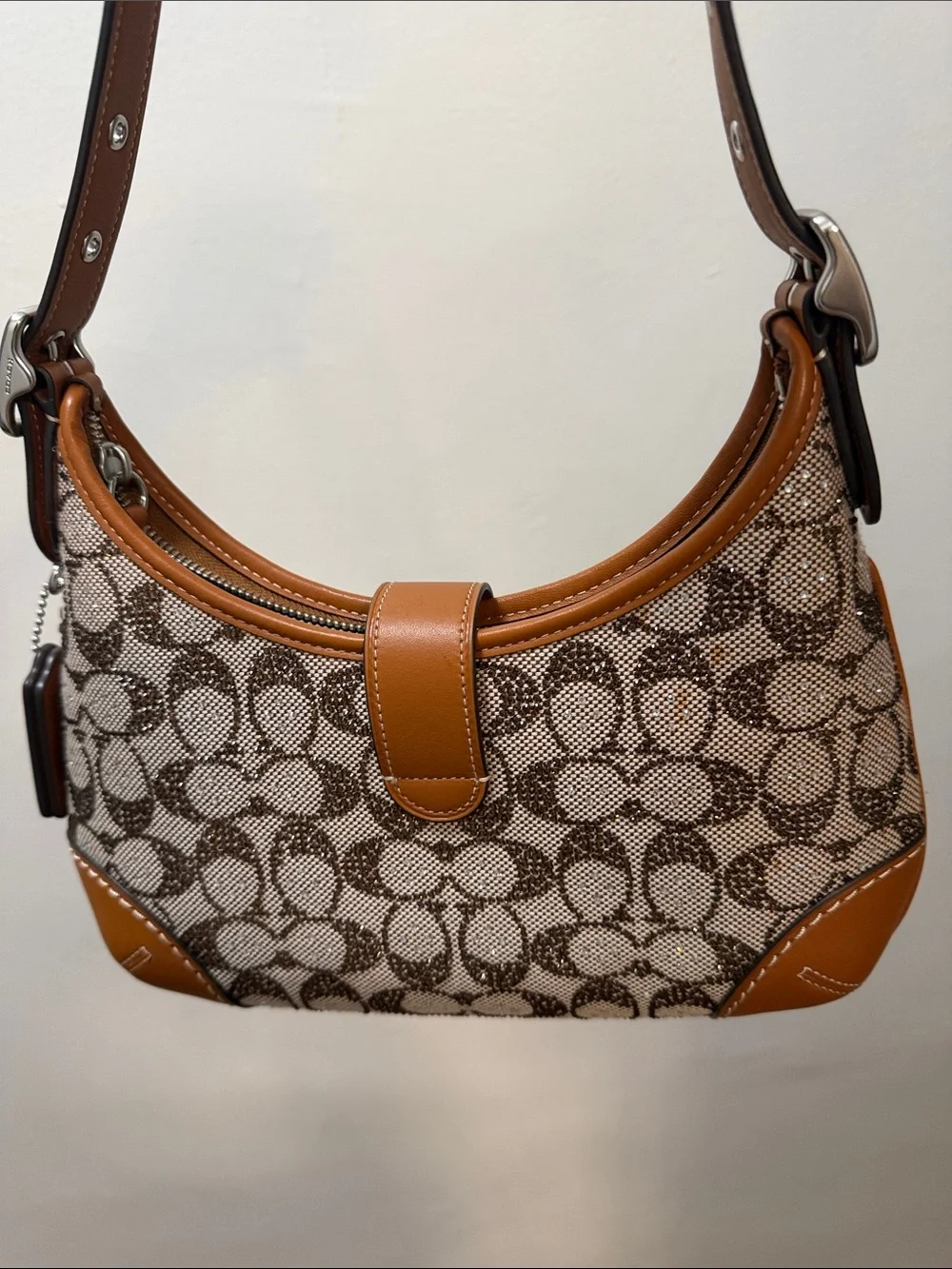 Coach Brown Signature Canvas Shoulder Bag with Tan Leather Trim